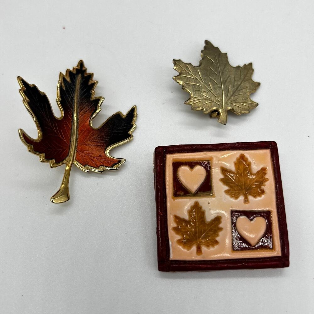 Vintage Fall Leaf Brooch Autumn Estate Jewelry Lot of 3 Pieces Retro 90's